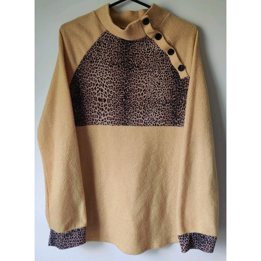 White Birch Women's Mock Neck Sweater Mustard Animal Print Button Detail Size XL